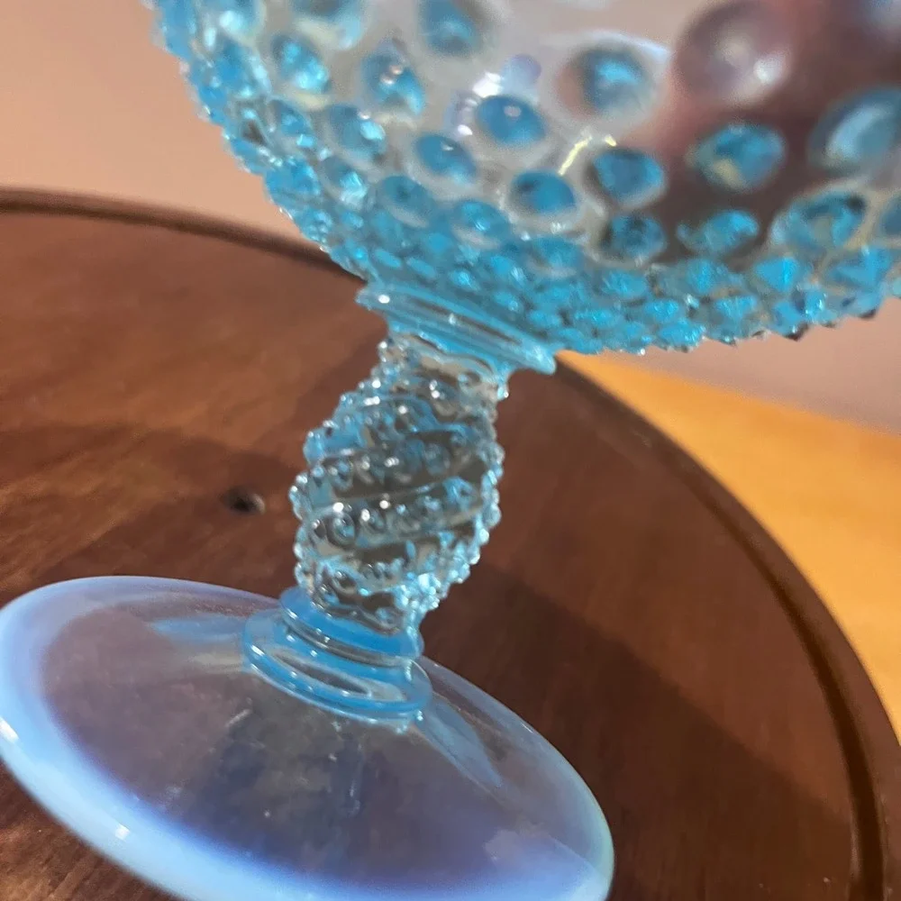 Vtg Fenton‎ Blue Opalescent Hobnail Art Glass Sherbet Goblet MCM Twisted Stem